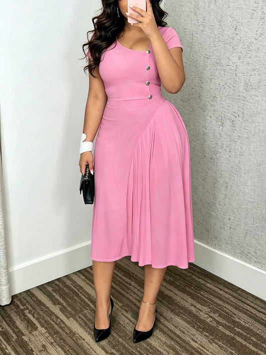 Pleated Asymmetrical Neck Midi Dress