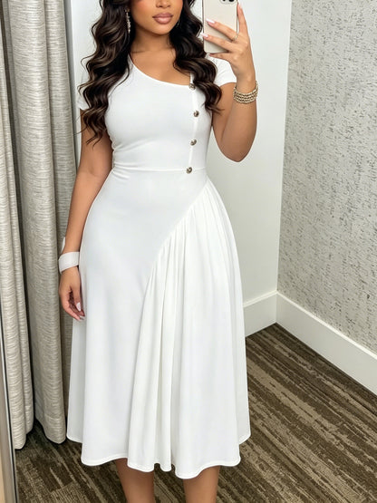 Pleated Asymmetrical Neck Midi Dress