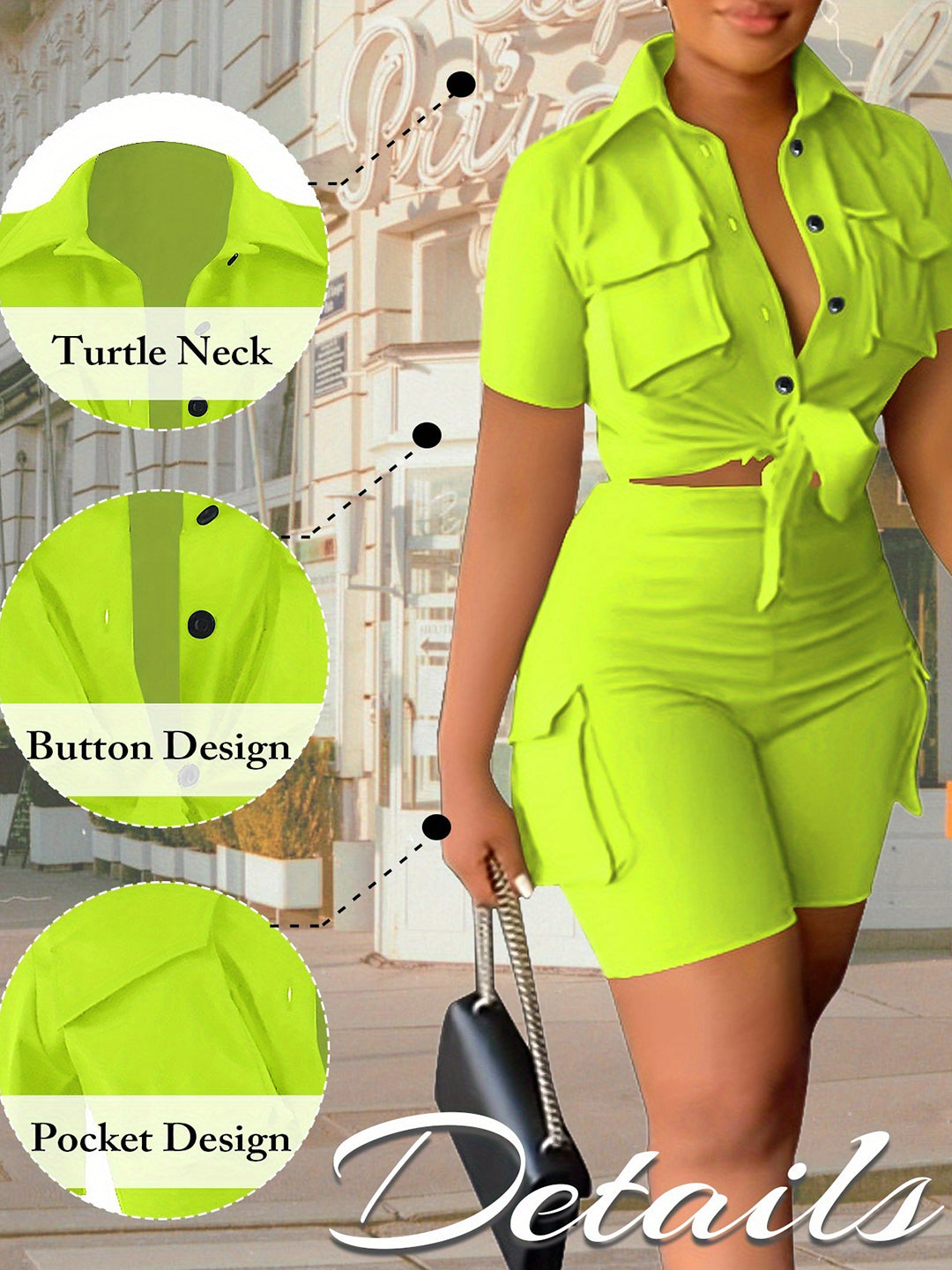 Tie Front Shirt Pockets Shorts Set