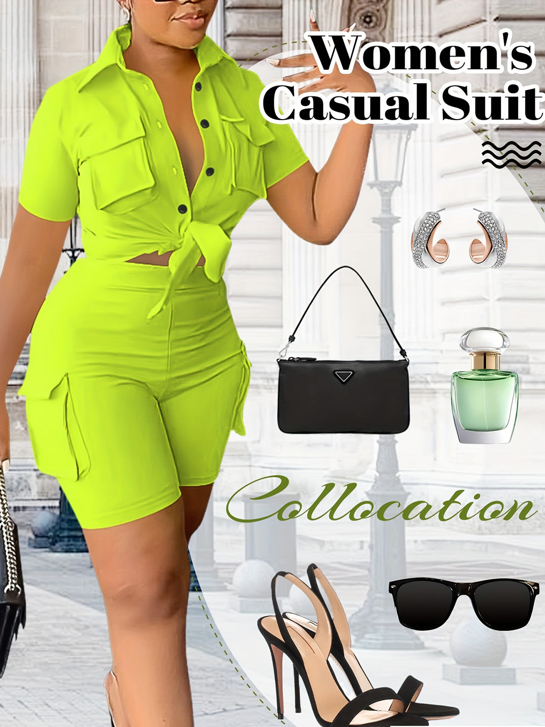 Tie Front Shirt Pockets Shorts Set