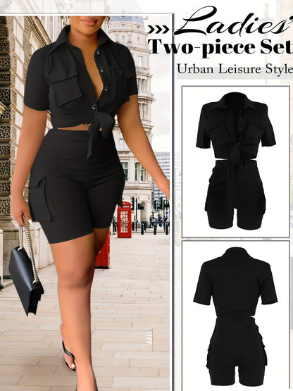 Tie Front Shirt Pockets Shorts Set