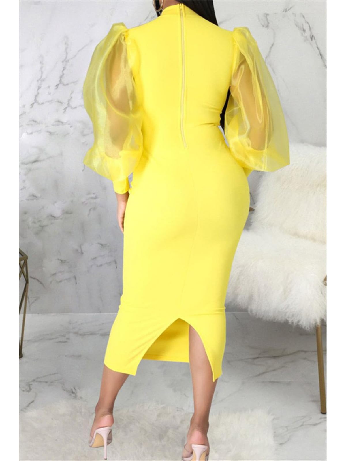 Elegant Sheer Puff Sleeve Midi Dress