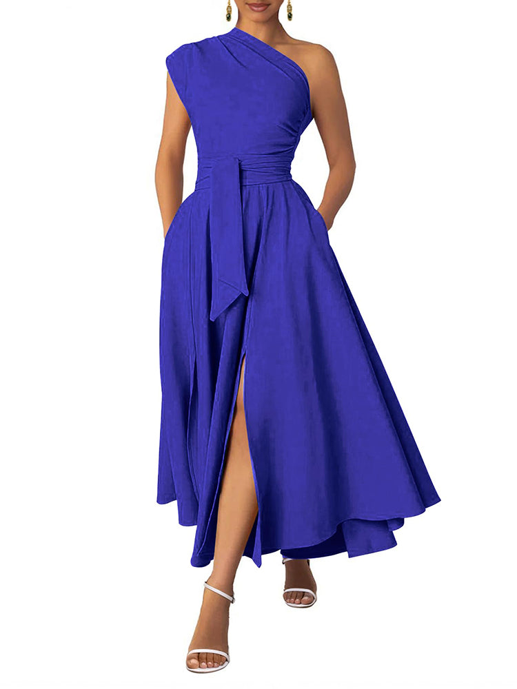 Elegant One Shoulder Belt Maxi Dress