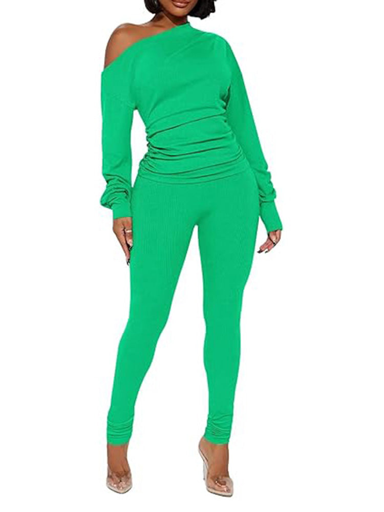 One Shoulder Tops Ribbed Pants Set Tracksuit