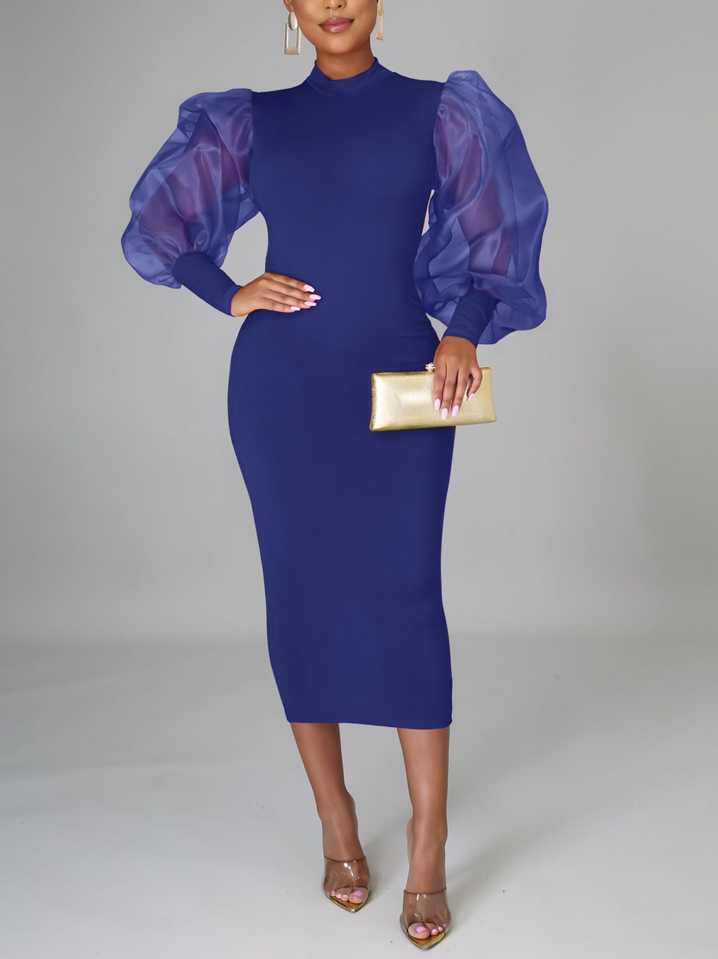 Elegant Sheer Puff Sleeve Midi Dress