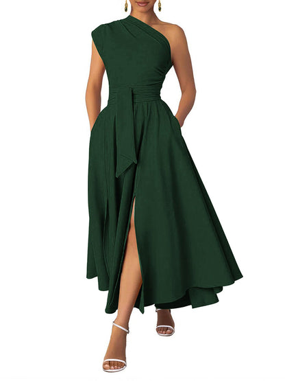Elegant One Shoulder Belt Maxi Dress