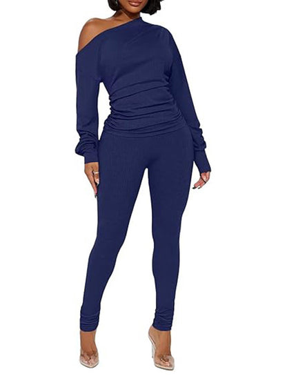 One Shoulder Tops Ribbed Pants Set Tracksuit