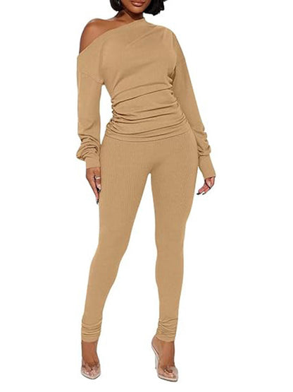 One Shoulder Tops Ribbed Pants Set Tracksuit