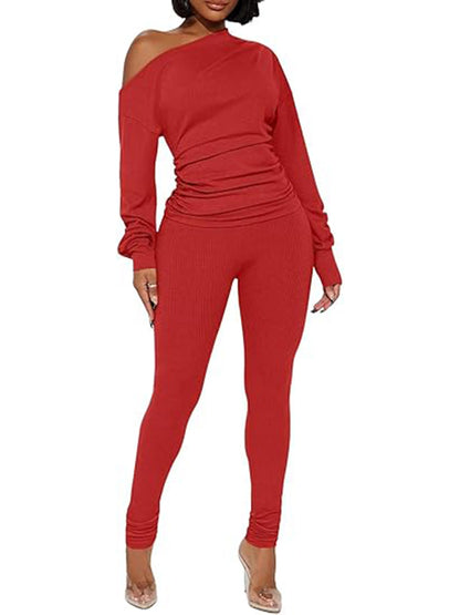 One Shoulder Tops Ribbed Pants Set Tracksuit