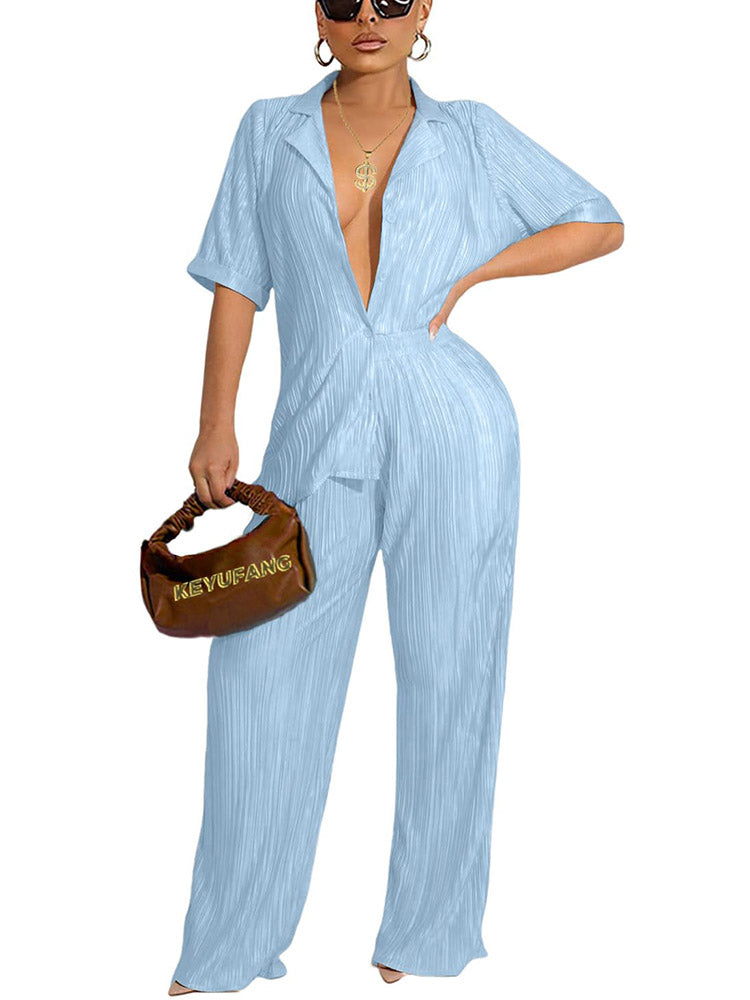 Pleated Shirt & Pants Loungewear Set