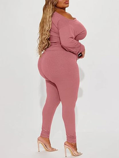One Shoulder Tops Ribbed Pants Set Tracksuit