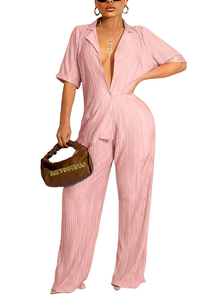 Pleated Shirt & Pants Loungewear Set