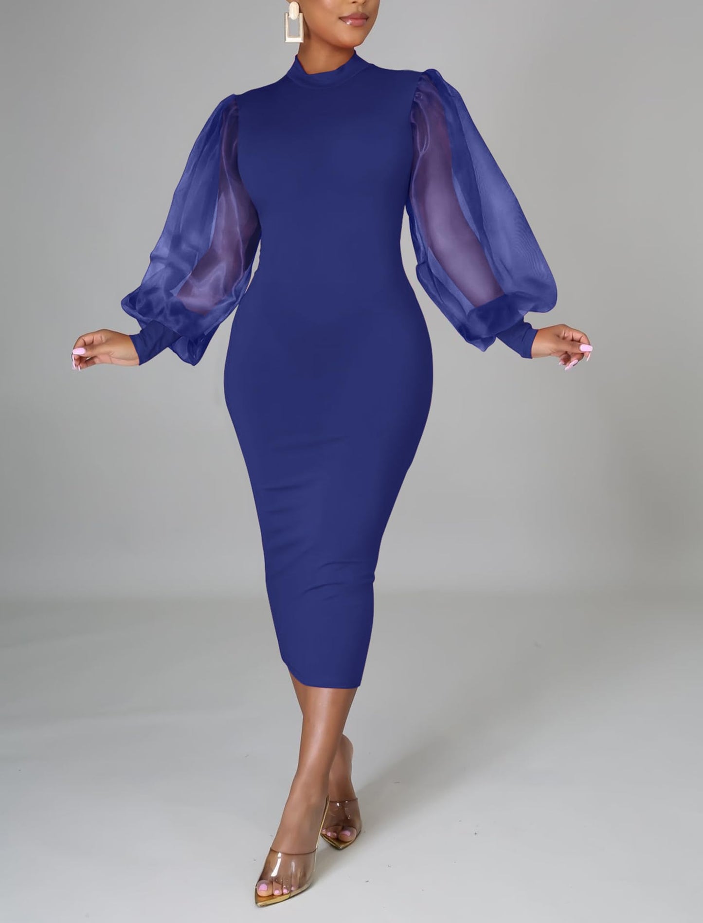 Elegant Sheer Puff Sleeve Midi Dress
