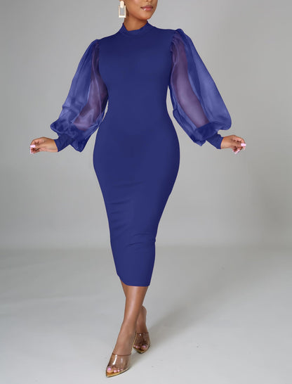 Elegant Sheer Puff Sleeve Midi Dress