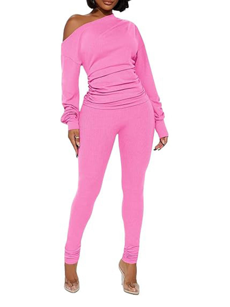 One Shoulder Tops Ribbed Pants Set Tracksuit