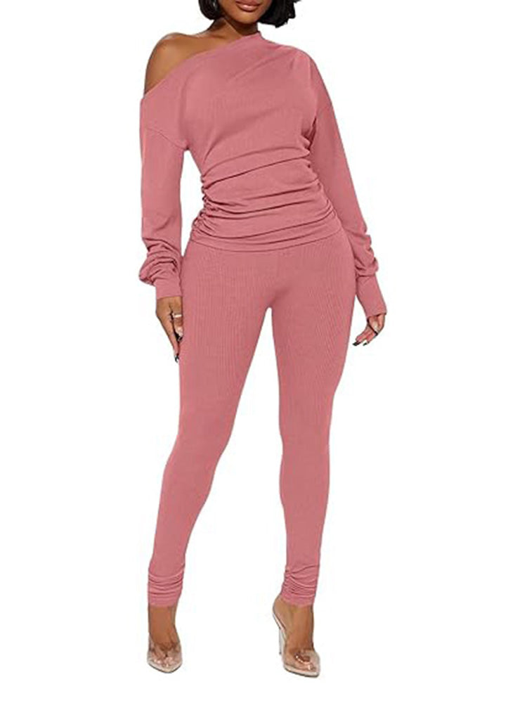 One Shoulder Tops Ribbed Pants Set Tracksuit