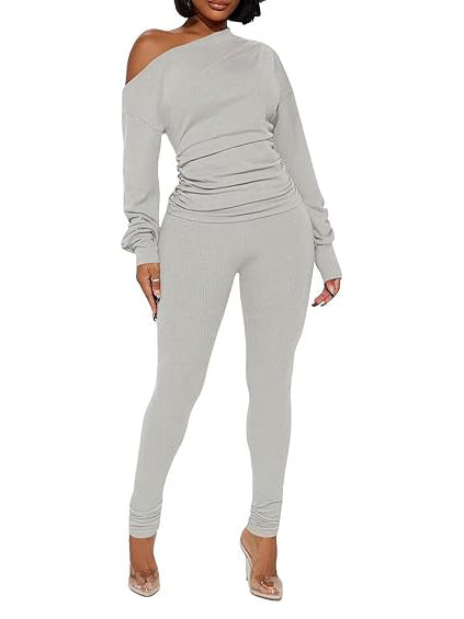 One Shoulder Tops Ribbed Pants Set Tracksuit