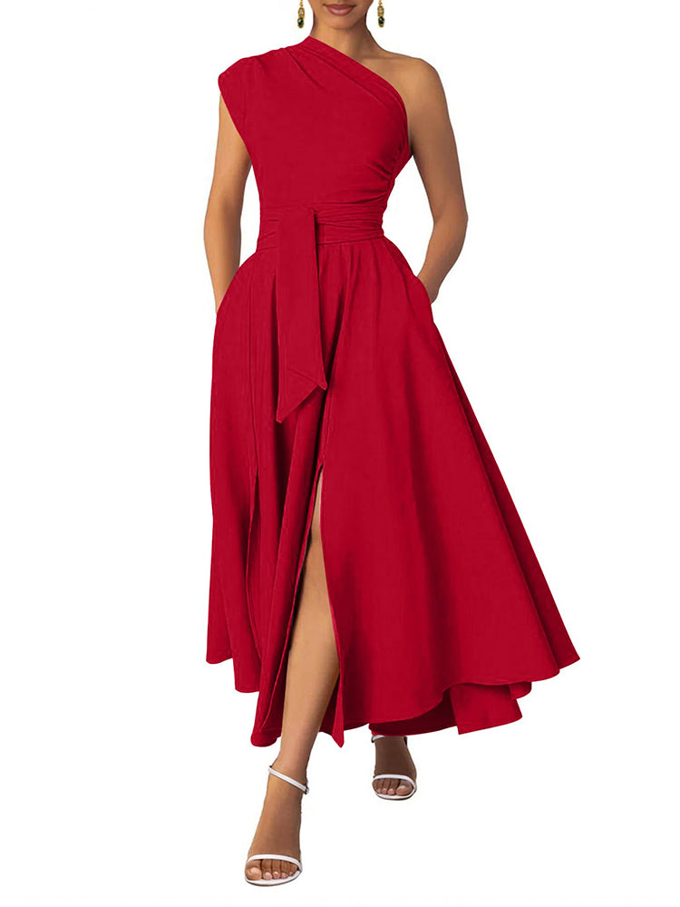 Elegant One Shoulder Belt Maxi Dress