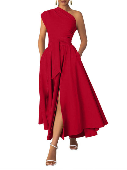 Elegant One Shoulder Belt Maxi Dress