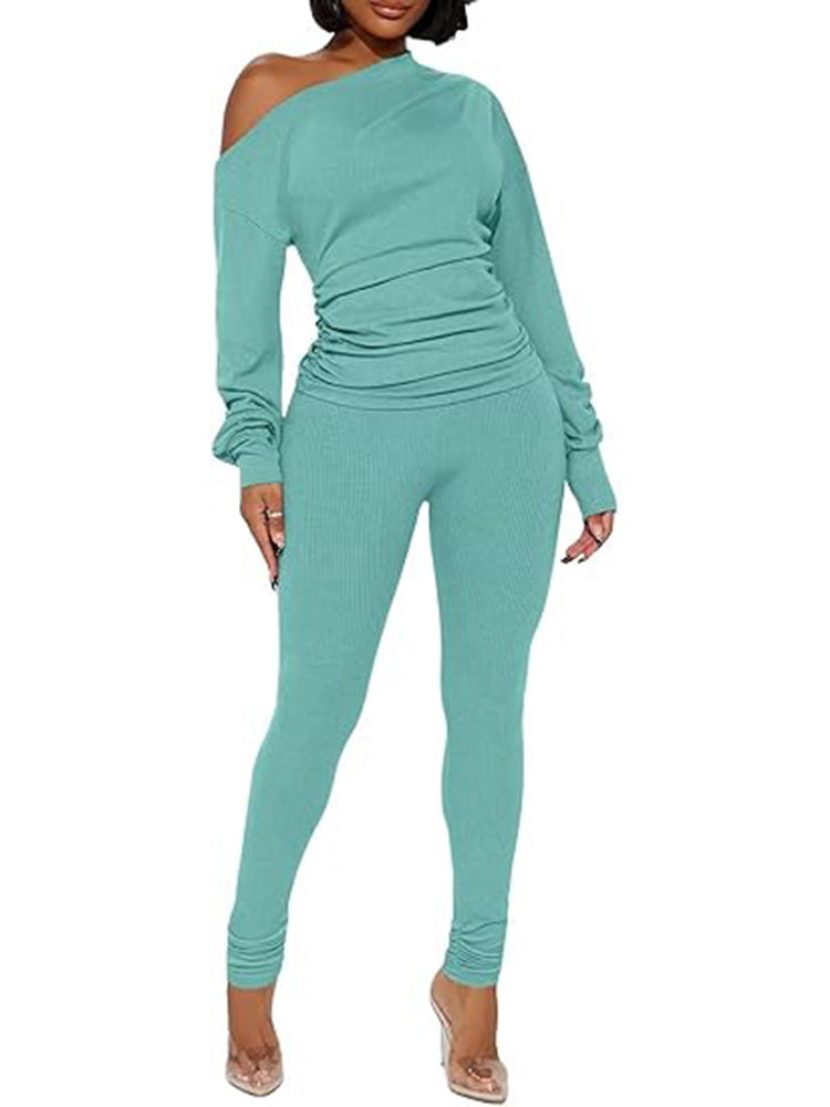 One Shoulder Tops Ribbed Pants Set Tracksuit