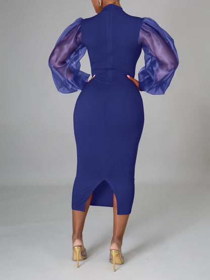 Elegant Sheer Puff Sleeve Midi Dress