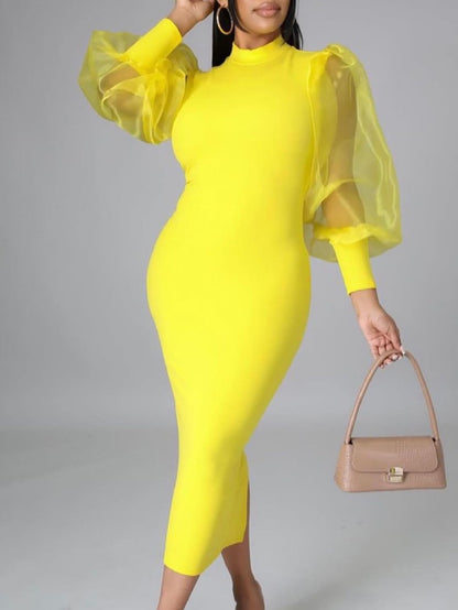 Elegant Sheer Puff Sleeve Midi Dress