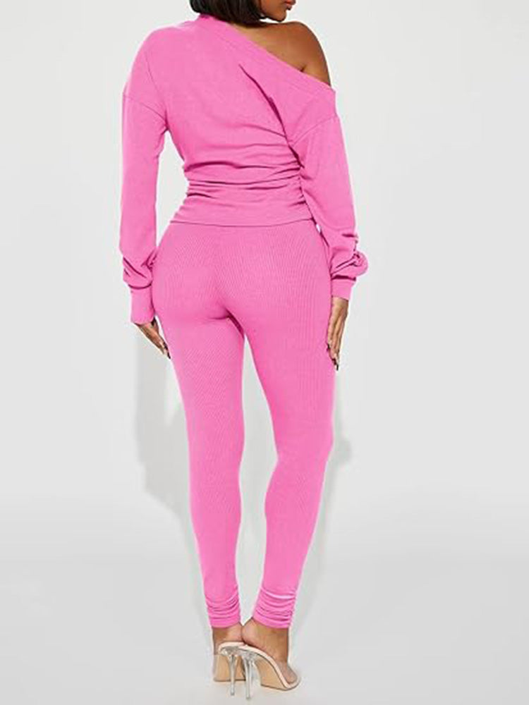 One Shoulder Tops Ribbed Pants Set Tracksuit