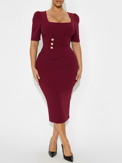 Square Neck Button Midi Dress
