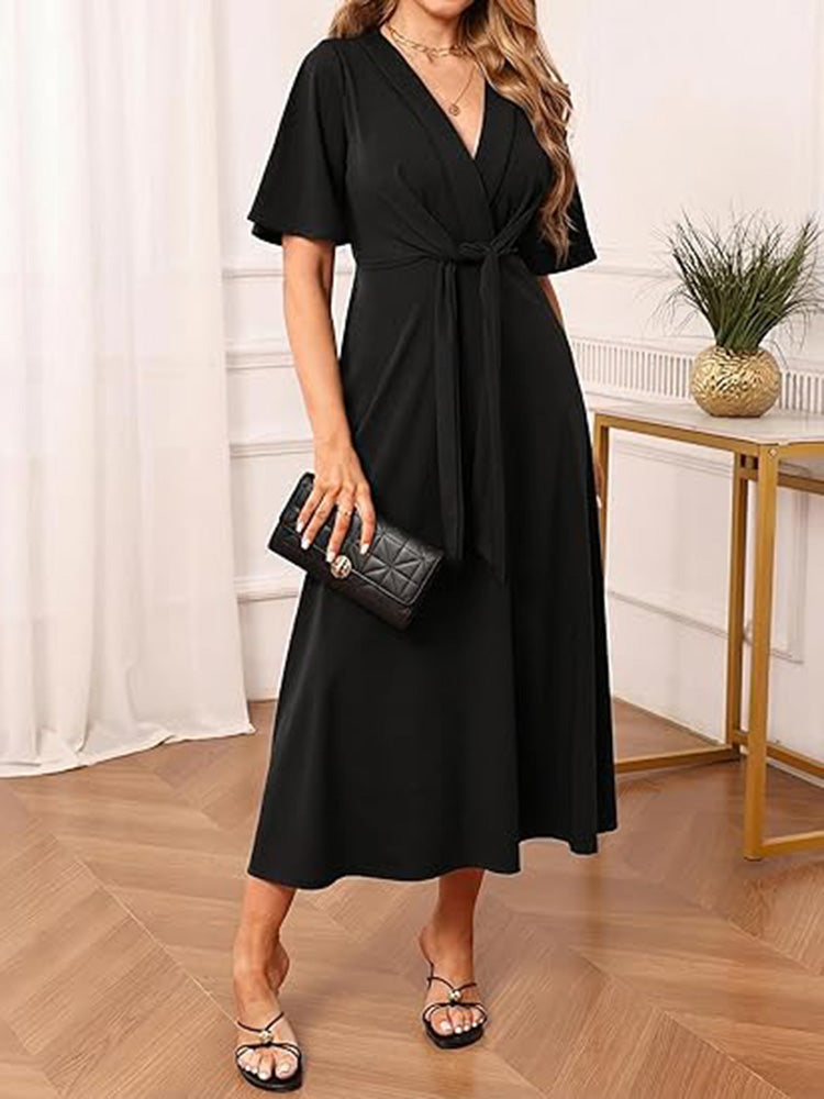 V Neck Tie Front Ruffle Sleeve A Line Maxi Dress