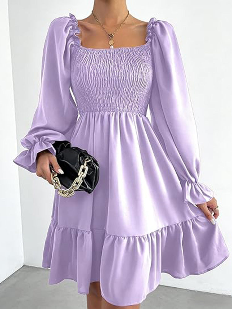 Square Neck Puff Sleeve A-Line Ruffle Hem Knee Dress