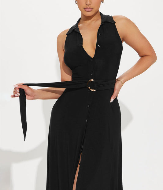 Sabrina V Neck Front Split Causal Bodycon Maxi Dress