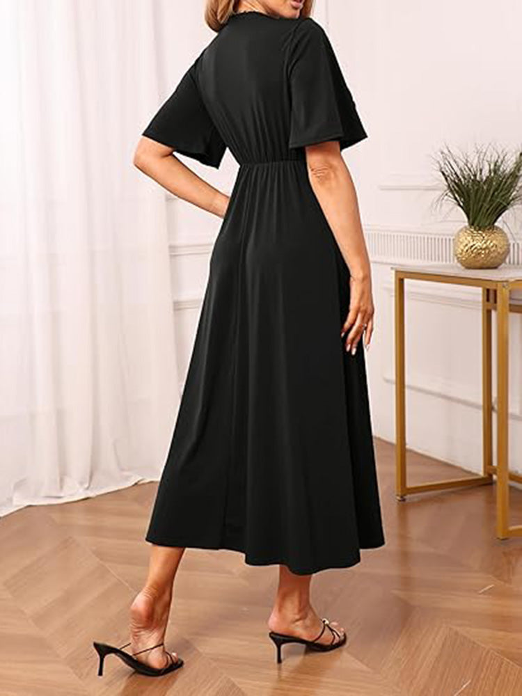 V Neck Tie Front Ruffle Sleeve A Line Maxi Dress
