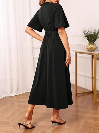 V Neck Tie Front Ruffle Sleeve A Line Maxi Dress