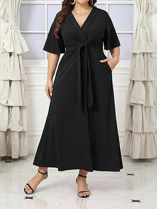 Wedding Guest V Neck Tie Front Ruffle Sleeve A Line Maxi Dress