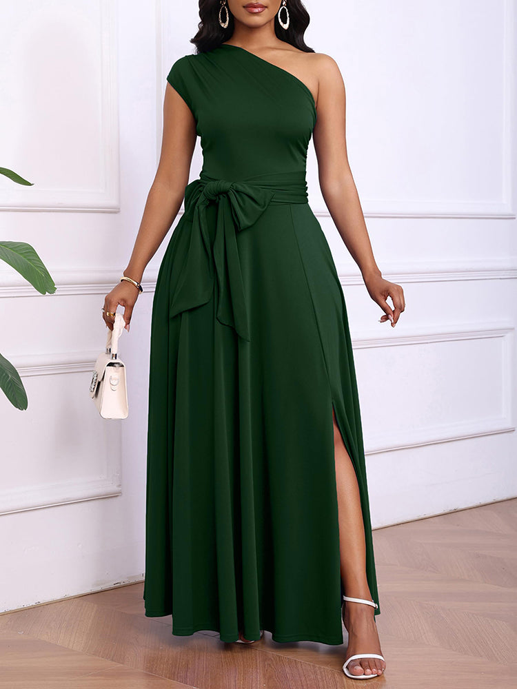 Elegant One Shoulder Belt Maxi Dress