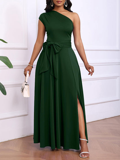 Elegant One Shoulder Belt Maxi Dress