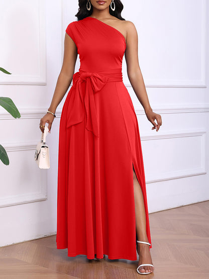 Elegant One Shoulder Belt Maxi Dress