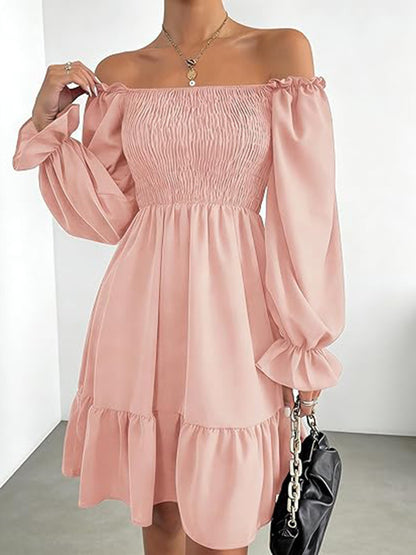 Square Neck Puff Sleeve A-Line Ruffle Hem Knee Dress