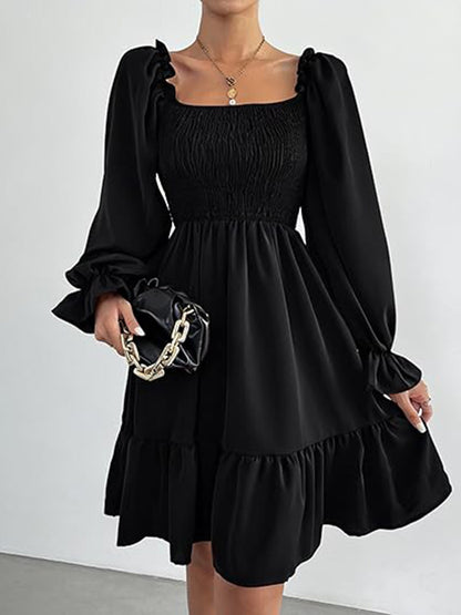 Square Neck Puff Sleeve A-Line Ruffle Hem Knee Dress