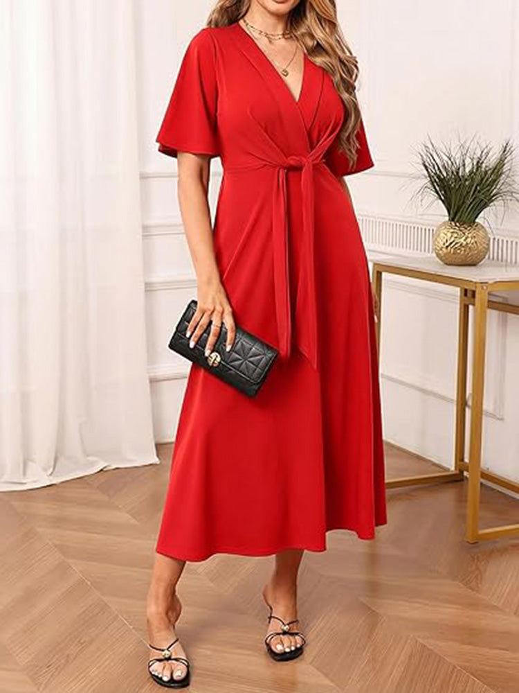 V Neck Tie Front Ruffle Sleeve A Line Maxi Dress