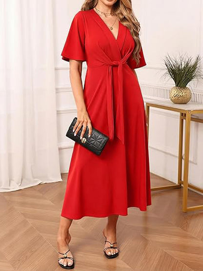 V Neck Tie Front Ruffle Sleeve A Line Maxi Dress