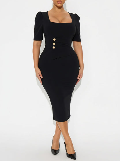Square Neck Button Midi Dress