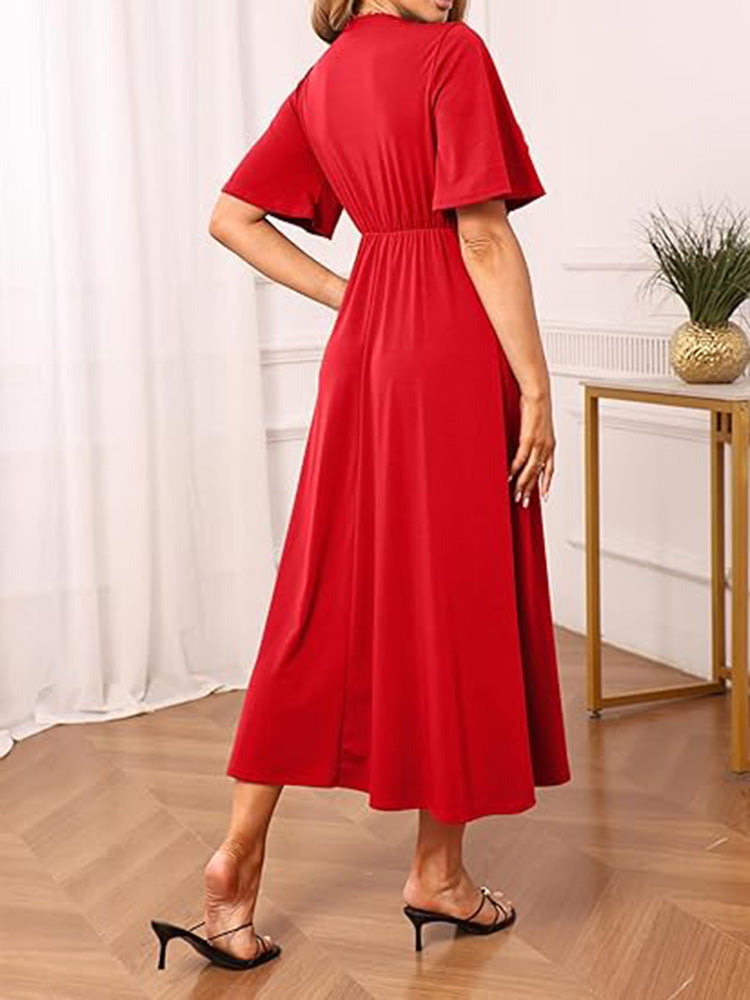 V Neck Tie Front Ruffle Sleeve A Line Maxi Dress