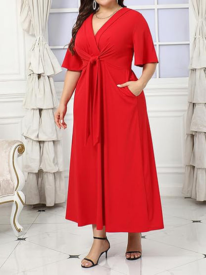 V Neck Tie Front Ruffle Sleeve A Line Maxi Dress