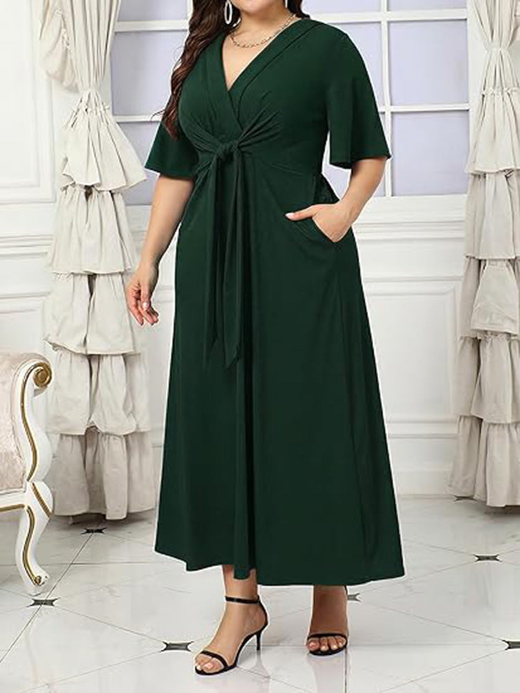 V Neck Tie Front Ruffle Sleeve A Line Maxi Dress