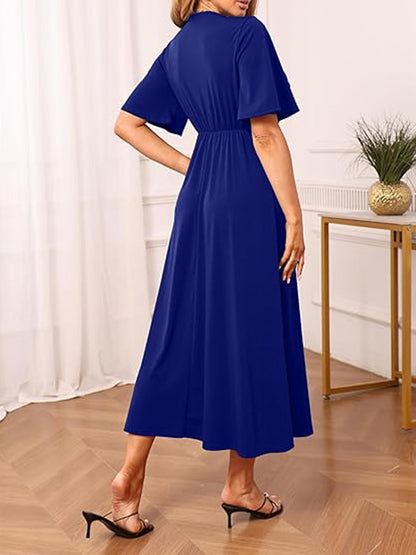 V Neck Tie Front Ruffle Sleeve A Line Maxi Dress