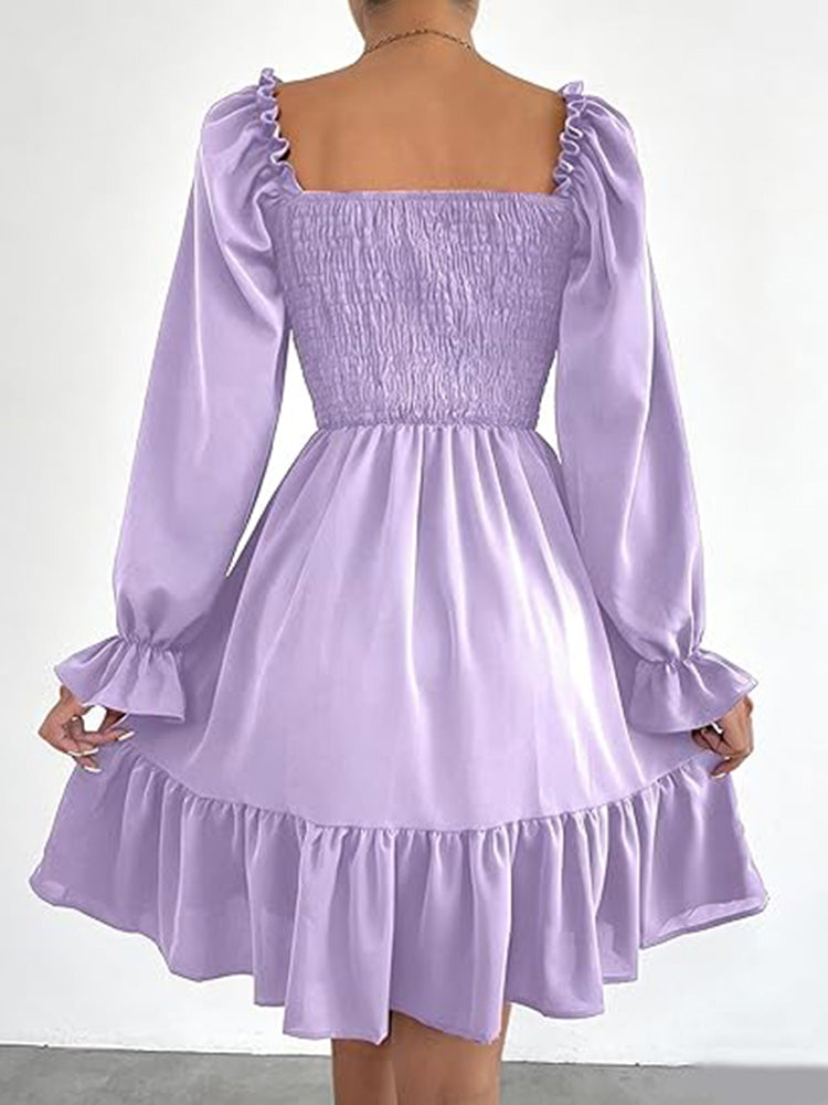 Square Neck Puff Sleeve A-Line Ruffle Hem Knee Dress