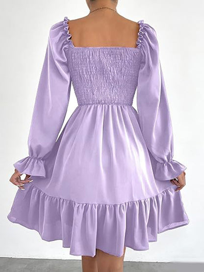 Square Neck Puff Sleeve A-Line Ruffle Hem Knee Dress