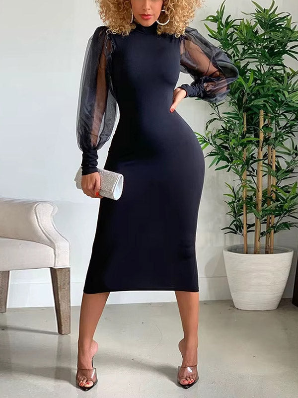 Elegant Sheer Puff Sleeve Midi Dress