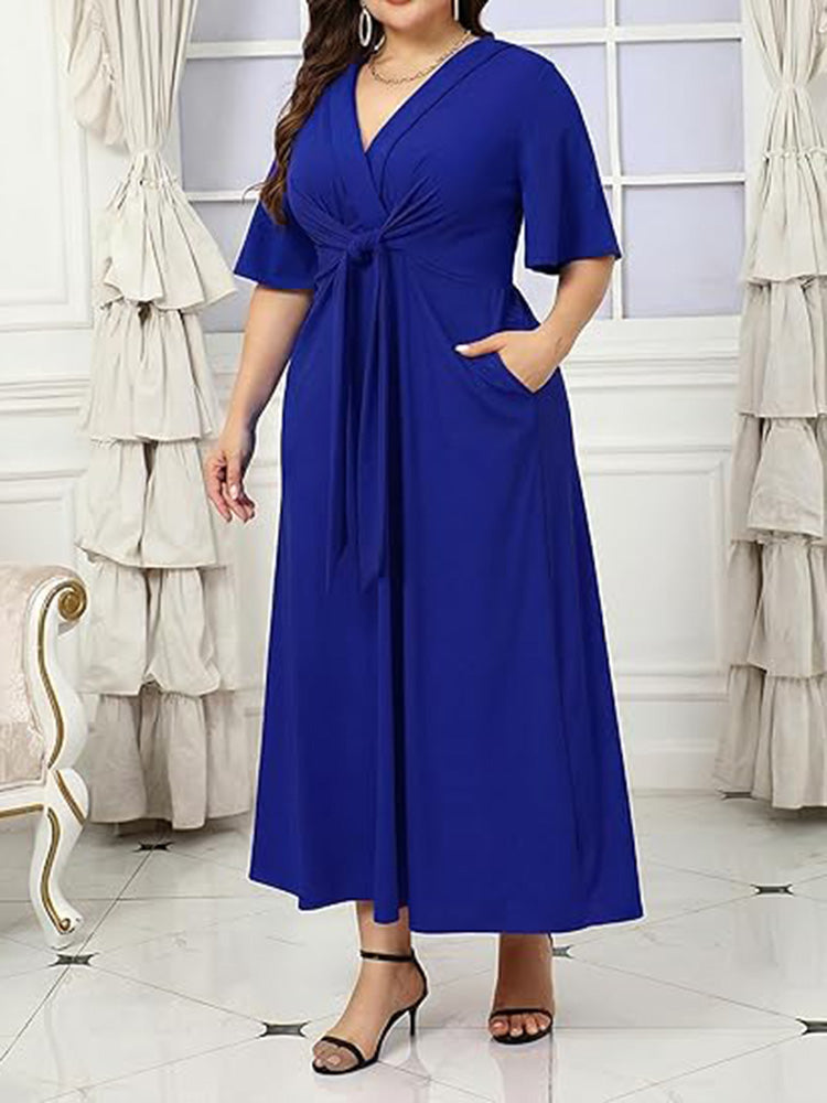 V Neck Tie Front Ruffle Sleeve A Line Maxi Dress